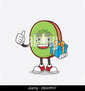 Une photo de la mascotte aux fruits de Kiwi avec cadeau Banque D'Images