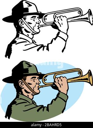 Un dessin d'un soldat de l'ère de la seconde Guerre mondiale jouant un bugle. Illustration de Vecteur