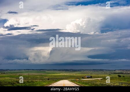 Des cumulonimbus spectaculaires dérivent dans les plaines lorsqu'un orage d'été se développe près de Recluse, Wyoming Banque D'Images