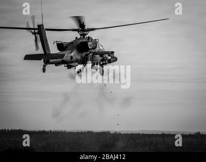 Un AH-64 Apache d'UNE compagnie, 1-3ème Bataillon de reconnaissance d'attaque, 12ème Brigade de l'aviation de combat engage des cibles en baisse avec son canon de 30 mm lors de tables de tir aérien sur le 5 mars 2020. (ÉTATS-UNIS Photo de l'armée du Maj. Robert Fellingham) (la photo a été changée de couleur en noir et blanc pour effet visuel) Banque D'Images