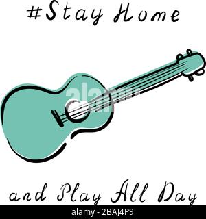 Ukulele guitare, musique. Illustration vectorielle. Affiche de coronavirus. Restez à la maison et jouez toute la journée Illustration de Vecteur