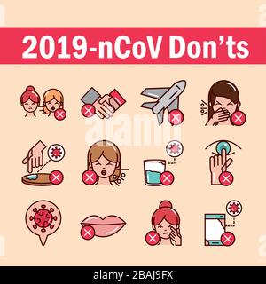 faire et faire des donts empêcher la propagation des covid19 icônes vecteur illustration ligne et icône de fichier Illustration de Vecteur