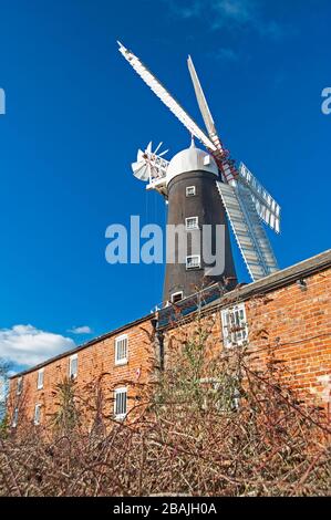 Ancien moulin à vent traditionnel en campagne paysage avec fond bleu ciel Banque D'Images