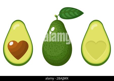 Ensemble de frais entiers, demi, coupe et feuilles avocat avec coeur isolé sur fond blanc. Fruits d'été pour un style de vie sain. Fruits biologiques. CA Illustration de Vecteur