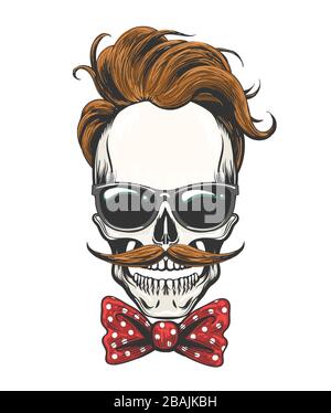 Crâne avec une coiffure, moustache dans un verre et noeud papillon. Illustration vectorielle. Illustration de Vecteur