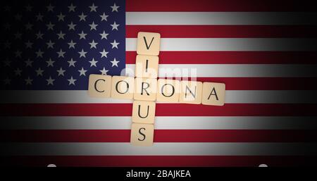 United States News Concept : Lettre Tiles Coronavirus Sur Drapeau Américain, Illustration Tridimensionnelle Banque D'Images