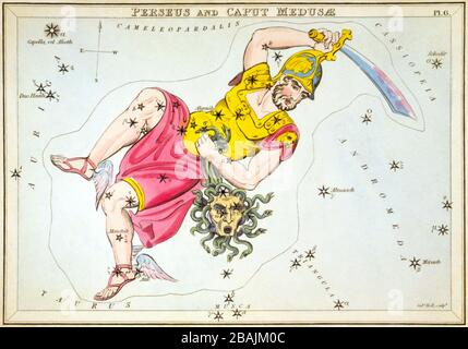 Persée et Caput Medusa, carte céleste, partie de l’ensemble miroir d’Urania, vue des cieux, gravure de Sidney Hall, première publication en 1824 Banque D'Images