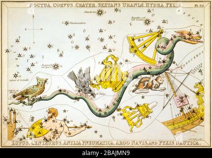 Noctua, Corvus, Crater, Sextans Uraniæ, Hydra, Felis, Lupus, Centaurus, Antlia Pneumatitica, Argo Navis et Pyxis Nautica, carte céleste, partie du miroir d'Urania, vue des cieux, gravé par Sidney Hall, publié pour la première fois en 1824 Banque D'Images