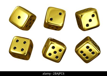 Jeu de 6 dés dorés isolés sur fond blanc. Rendu tridimensionnel. Jeu de société. Numéro chanceux. Banque D'Images