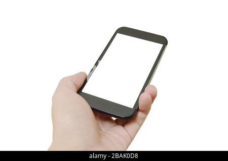smartphone tenant la main humaine sur fond blanc Banque D'Images