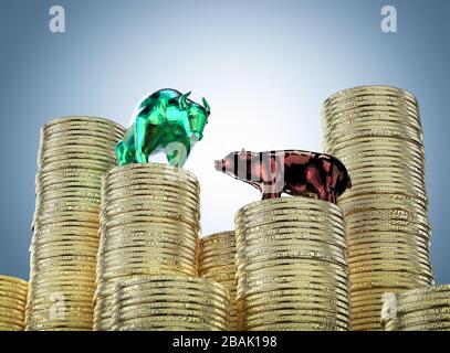 Concept économique Bull and Bear avec bull rendering et ours sur pile de pièces d'or Banque D'Images