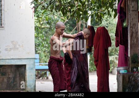 De jeunes moines bouddhistes prenant la douche avant le déjeuner dans le monastère de Mahagandayon, Mandalay, au Myanmar Banque D'Images