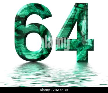 Chiffre arabe 64, soixante-quatre, de malachite verte naturelle, réfléchie sur la surface de l'eau, isolé sur le rendu blanc, tridimensionnel Banque D'Images