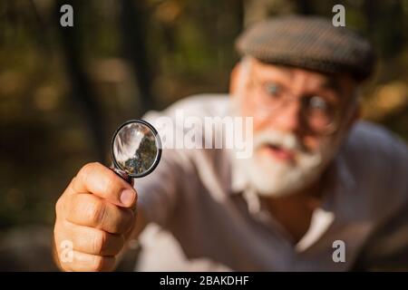 Mise au point sélective de la loupe. Recherche et découverte. Puissance de la loupe. Le vieil homme utilise la loupe dans la nature. Sens de la vue. Objectif et outil optique. L'homme âgé regarde à travers l'extérieur de l'objectif rond. Banque D'Images