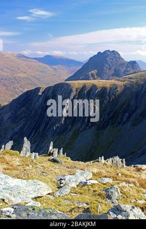 Tryfan et Gribin crête vue des pentes de la crête senior enRoute à Glydr Fawr Banque D'Images