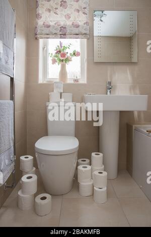 Une maison intérieure d'une salle de bains carrelée avec suite blanche et les toilettes couvertes de rouleaux de toilettes après l'achat de panique pendant la pandémie de Coronavirus Banque D'Images