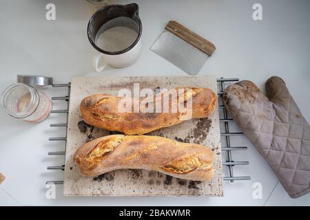 Vue de dessus de deux pains frais faits maison refroidissement du pain sur un comptoir de cuisine avec mitten, levain de levain et fleur couchée autour. Banque D'Images