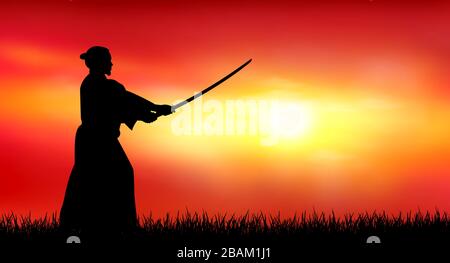 Un homme se tient avec une épée dans ses mains en toile de fond d'un coucher de soleil ensoleillé. Illustration de Vecteur