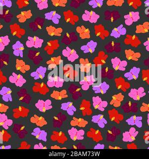 motif sans couture. fleurs d'hibiscus orange, rose, rouge, violet et bordeaux sur fond gris foncé Illustration de Vecteur