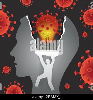 Examen psychologique, problèmes mentaux en cas de pandémie de coronavirus. Tête mâle en papier profil avec ampoule en forme de coronavirus. Illustration de Vecteur