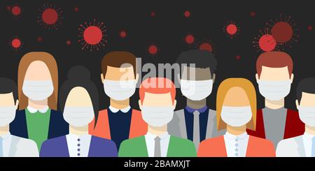 Coronavirus et personnes dans le masque médical bannière sans couture, avatars mâles et femelles en vêtements, en style plat. Concept de soins de santé.virus humain. Illustration de Vecteur
