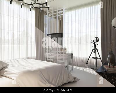 illustration tridimensionnelle du design intérieur de la chambre. L'intérieur de la chambre à coucher est rendu en relief avant et après la texture Banque D'Images