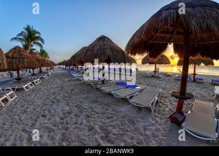 Lever du soleil doré sur des rangées de chaises longues et de parasols de palmiers lors de vacances sur une plage de sable des Caraïbes à Riviera Maya à Cancun, au Mexique. Banque D'Images