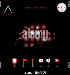 Carte pointillée de la Suisse peinte dans les couleurs du drapeau national de la Suisse. Effet de drapeau de spéléologie. Outils de carte, ensemble d'icônes cartographiques. Illustr Banque D'Images