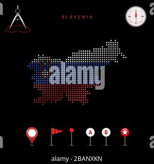 Carte pointillée de la Slovénie peinte dans les couleurs du drapeau national de la Slovénie. Effet de drapeau de spéléologie. Outils de carte, ensemble d'icônes cartographiques. Illustration Banque D'Images