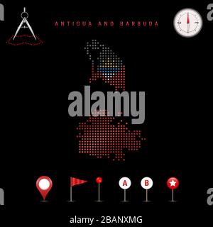 Carte pointillée d'Antigua-et-Barbuda peinte dans les couleurs du drapeau national d'Antigua-et-Barbuda. Effet de drapeau de spéléologie. Outils de carte, ensemble de cartographi Banque D'Images