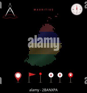 Carte pointillée de Maurice peinte dans les couleurs du drapeau national de Maurice. Effet de drapeau de spéléologie. Outils de carte, ensemble d'icônes cartographiques. Illustratio Banque D'Images