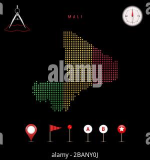 Carte pointillée du Mali peinte dans les couleurs du drapeau national du Mali. Effet de drapeau de spéléologie. Outils de carte, ensemble d'icônes cartographiques. Illustration Banque D'Images