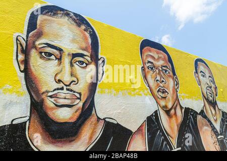 Florida, Miami, Midtown, Miami Heat basketball joueurs, fresque, Black, man, men,NBA, athlètes, sports, Banque D'Images