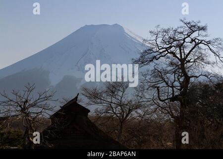 Mont Fuji vu derrière des bâtiments et des arbres à Oshino Hakkai (Oshino Village) Yamanashi, Japon. Banque D'Images