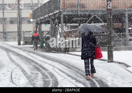 Tokyo, Japon. 29 mars 2020. Les gens marchent sous une chute de neige dans la ville de Nerima le 29 mars 2020, Tokyo, Japon. La neige hors saison est tombée dans la région de Kanto-Koshin, y compris à Tokyo dimanche tôt le matin. Crédit: AFLO Co. Ltd./Alay Live News Banque D'Images