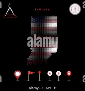 Carte pointillée de l'Indiana peinte dans les couleurs du drapeau national des États-Unis. Effet de drapeau de spéléologie. Outils de carte, ensemble d'icônes cartographiques. Vecto Illustration de Vecteur