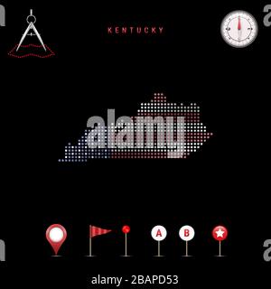Carte pointillée du Kentucky peinte dans les couleurs du drapeau national des États-Unis. Effet de drapeau de spéléologie. Outils de carte, ensemble d'icônes cartographiques. Vect Illustration de Vecteur