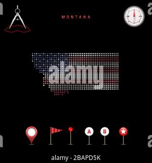 Carte pointillée du Montana peinte dans les couleurs du drapeau national des États-Unis. Effet de drapeau de spéléologie. Outils de carte, ensemble d'icônes cartographiques. Vecto Illustration de Vecteur