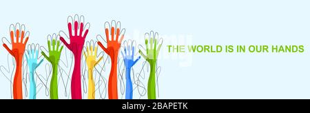 Responsabilité écologique. Illustration avec les mains et le texte que le MONDE EST ENTRE NOS MAINS sur fond bleu Banque D'Images