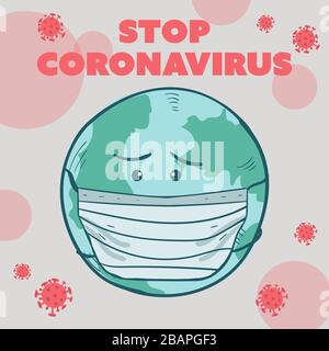 Globe terrestre portant un masque facial et se protégeant contre la propagation de la maladie du coronavirus COVID-19 dans le monde entier. Illustration de Vecteur