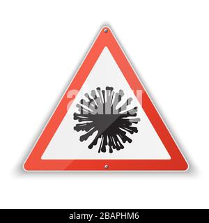 Icône triangulaire réaliste de coronavirus avec un signe d'avertissement rouge sur le danger d'infection par le coronovirus. Covid-19. Illustration de Vecteur