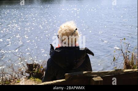 Vue sur une femme blonde isolée avec une veste d'hiver noire chaude assise sur un banc au printemps. Eaux scintillantes d'arrière-plan de lac, Allemagne Banque D'Images