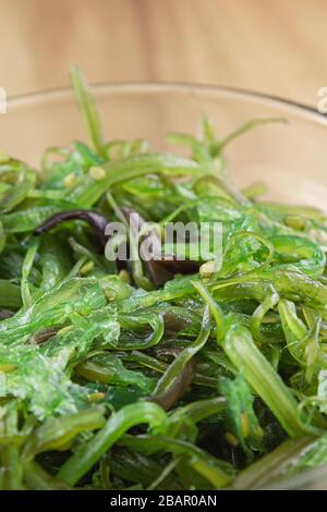 Salade de wakamé au sésame dans un petit bol en verre libre with copy space Banque D'Images