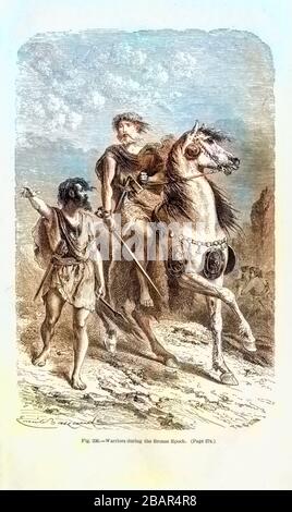 Image colorisée en machine (ai) guerriers de l'âge de bronze selon l'illustrateur français Emile Bayard (1837-1891), illustration de l'œuvre publiée dans l'homme primitif par Louis Figuier (1819-1894), publiée à Londres par Chapman et Hall Piccadilly 193 en 1870 Banque D'Images