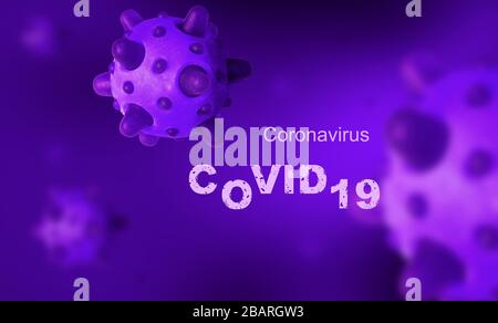 Bannière COVID-19 sur le coronavirus, vue microscopique du virus corona du SRAS-CoV-2 dans la cellule, illustration tridimensionnelle. Recherche sur l'éclosion de coronavirus et la pandémie. Conc Banque D'Images