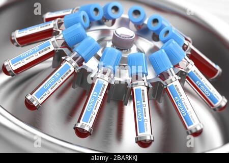 Tubes d'échantillons de sang COVID-19 de coronavirus dans la centrifugeuse. Laboratoire médical de diagnostic. illustration tridimensionnelle Banque D'Images