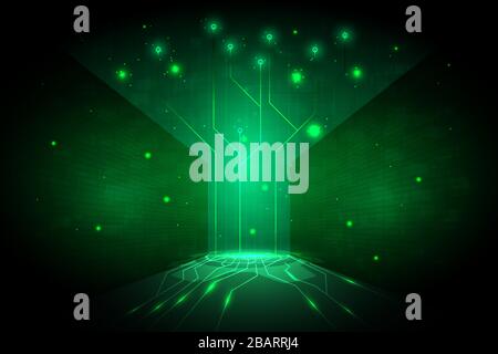 Fond technologique abstrait avec paroi de code binaire, motif de circuit vert brillant et effet brillant. Illustration de Vecteur