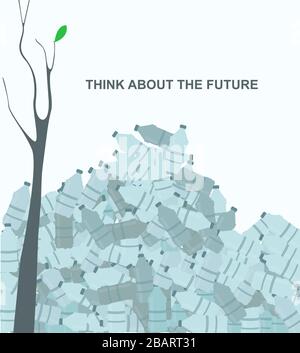 Pensez à l'avenir. Déverser avec tas de bouteilles en plastique et arbre solitaire sur fond clair, illustration créative Banque D'Images