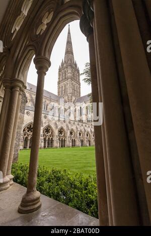 Tour de la cathédrale de Salisbury depuis les cloisters : une arche de la cathédrale cloisters encadre la tour haute de la grande église. Banque D'Images