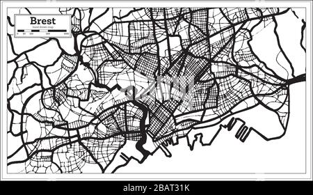 Brest France carte de la ville en couleur noire et blanche en style rétro. Carte des contours. Illustration vectorielle. Illustration de Vecteur